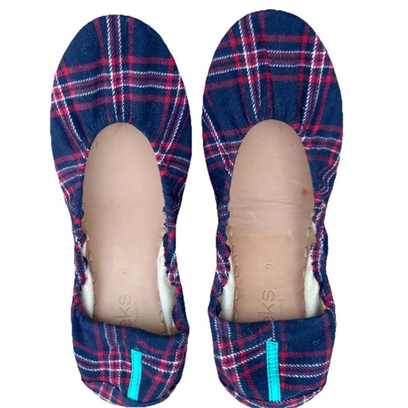 Tieks Ballet Flats Heritage Plaid Slip-on Travel Round Toe Red Blue Foldable 9M - Picture 1 of 5